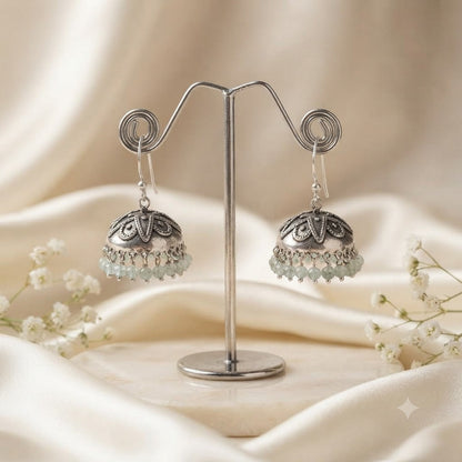 Handcrafted aquamarine and silver jhumka earrings