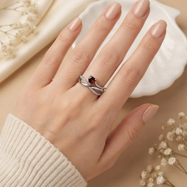 Red Garnet Heart Infinity Ring in 925 Sterling Silver