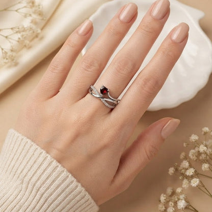 Red Garnet Heart Infinity Ring in 925 Sterling Silver