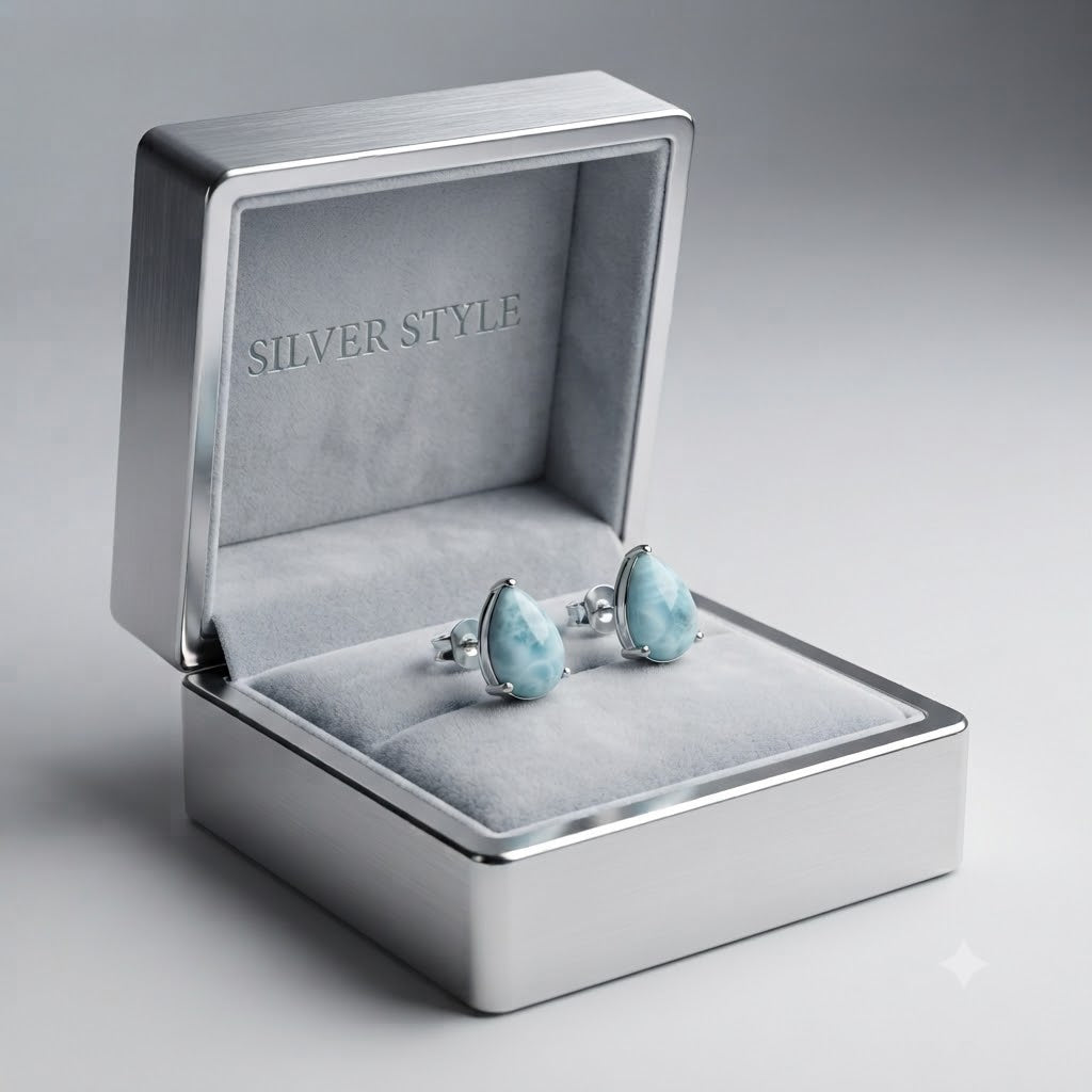 Larimar teardrop stud earrings in 925 sterling silver