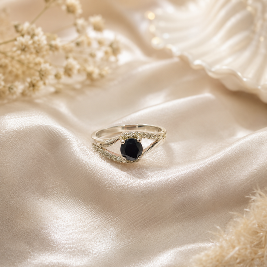 Bypass Black Onyx Ring in 925 Sterling Silver with Round Black Onyx