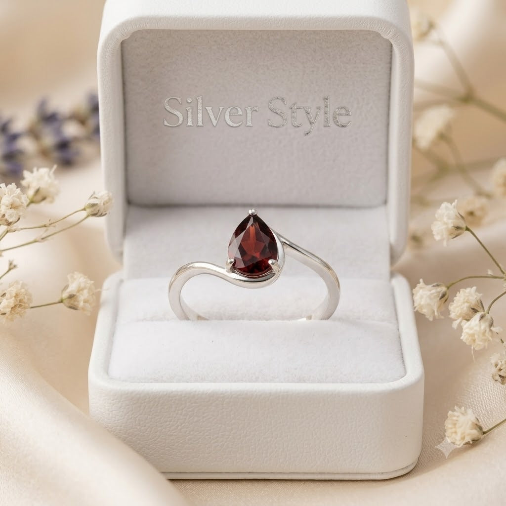 Red Garnet Pear Cut Bypass Ring in 925 Sterling Silver