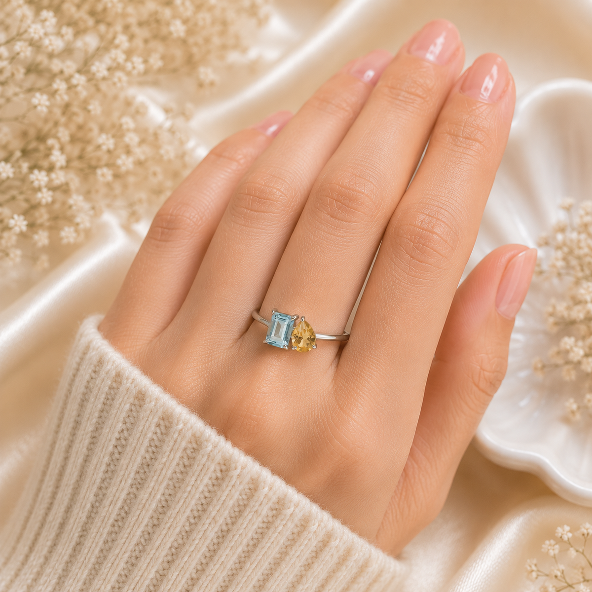 Blue Topaz & Citrine Duo Ring in Authentic 925 Sterling Silver