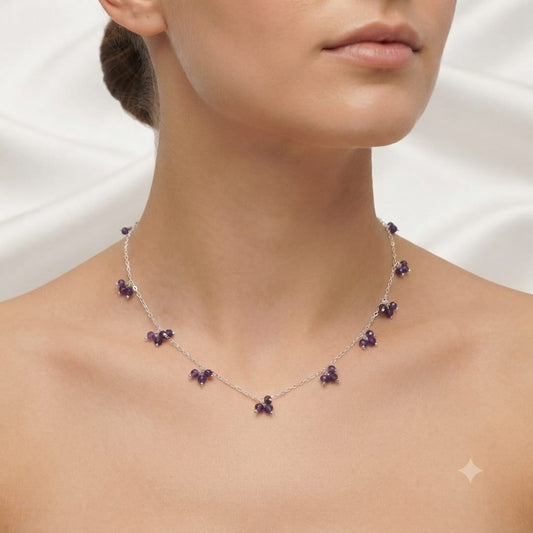 Amethyst beads cluster necklace in 925 Sterling Silver with purple gemstone clusters