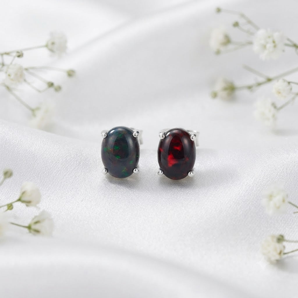 Black Opal stud earrings in 925 sterling silver with green and red play of colour