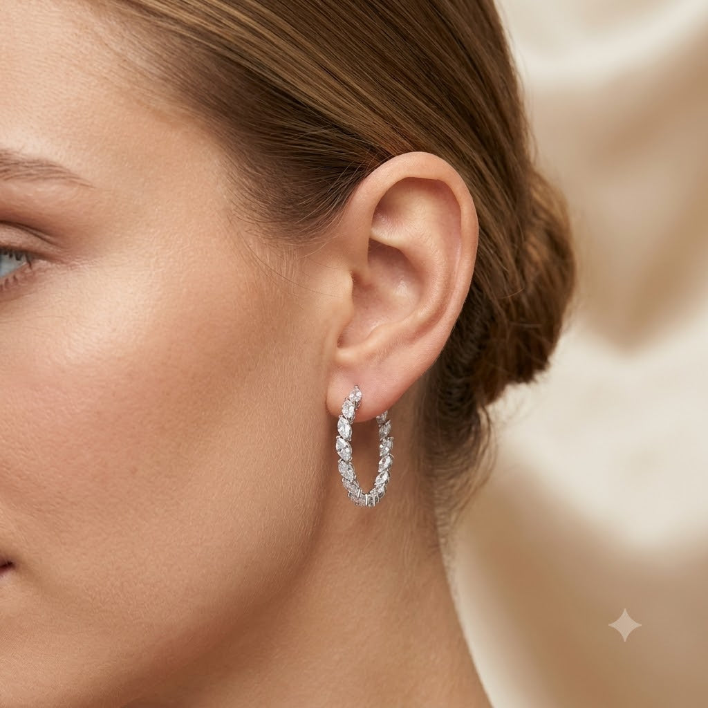 Marquise and round CZ hoop earrings crafted in 925 Sterling Silver