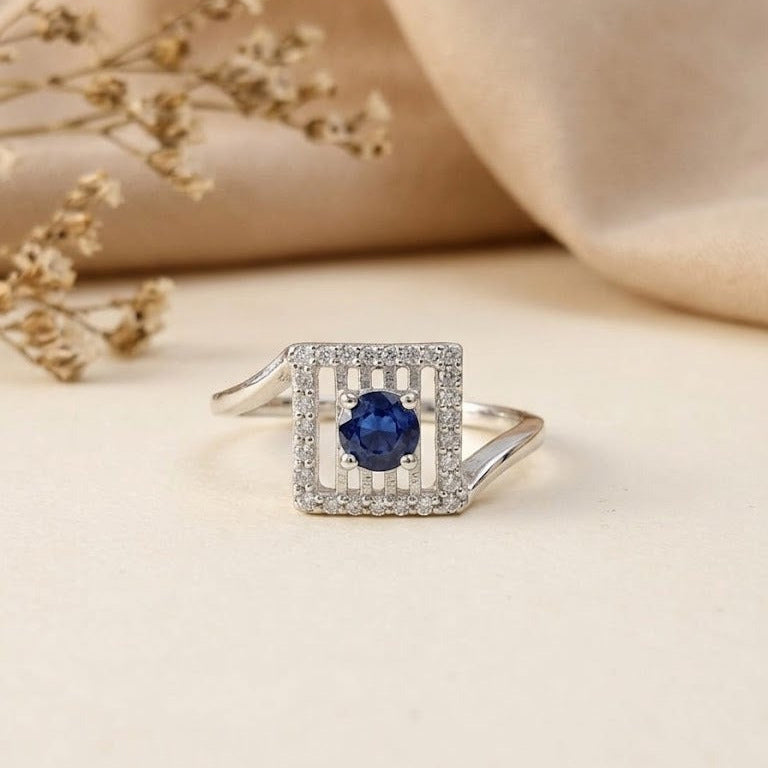Blue Sapphire Square Ring 925 Silver