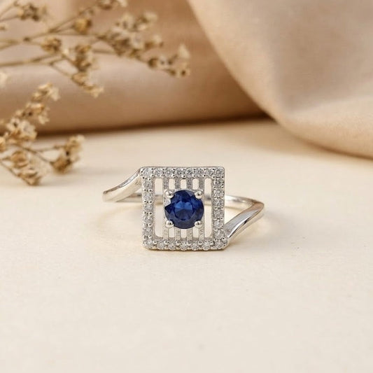 Blue Sapphire Square Ring 925 Silver