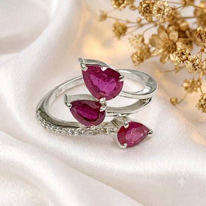 Triple Pear-Cut Ruby Bypass Ring in 925 Sterling Silver