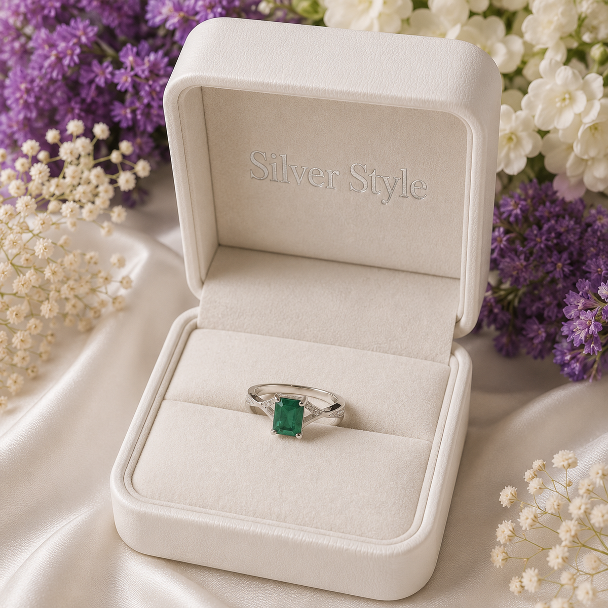 Emerald Solitaire Ring crafted in 925 Sterling Silver with a rectangular green Emerald gemstone.