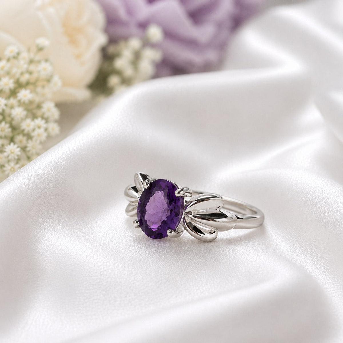Amethyst Oval Ring in Authentic 925 Sterling Silver for Women