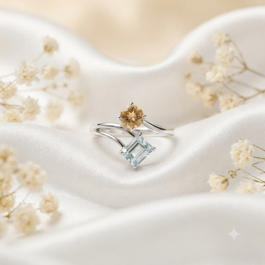Blue Topaz & Citrine Bypass Ring in Authentic 925 Sterling Silver