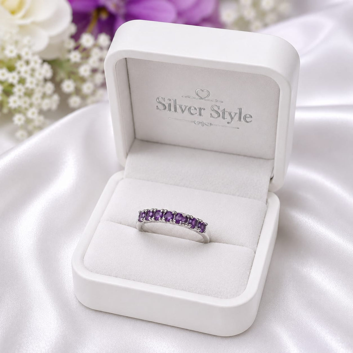 Amethyst Half Eternity Ring in Authentic 925 Sterling Silver for Women