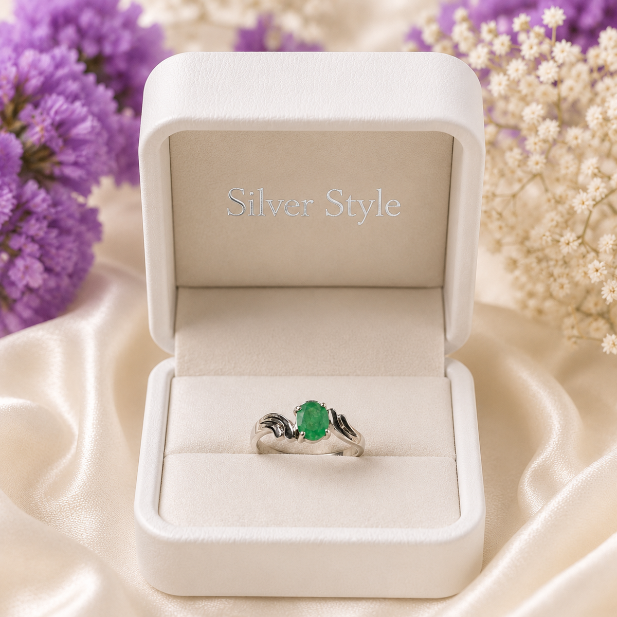 Curved Emerald Ring crafted in 925 Sterling Silver with a green oval cut Emerald gemstone.
