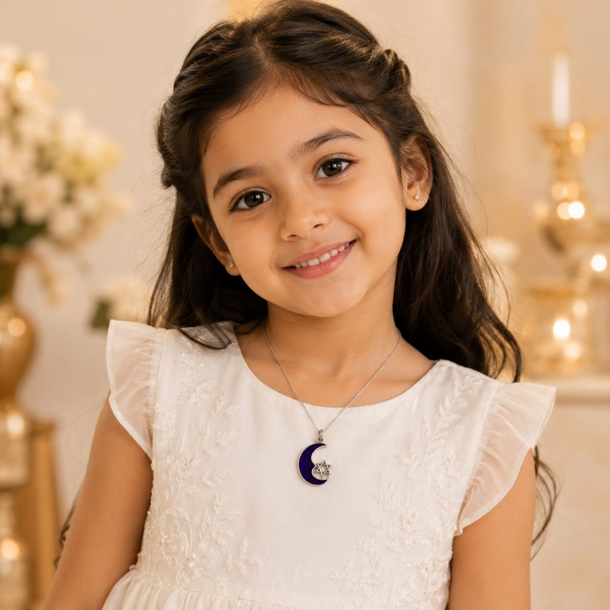 Celestial Crescent Moon and Star of David charm in blue and silver