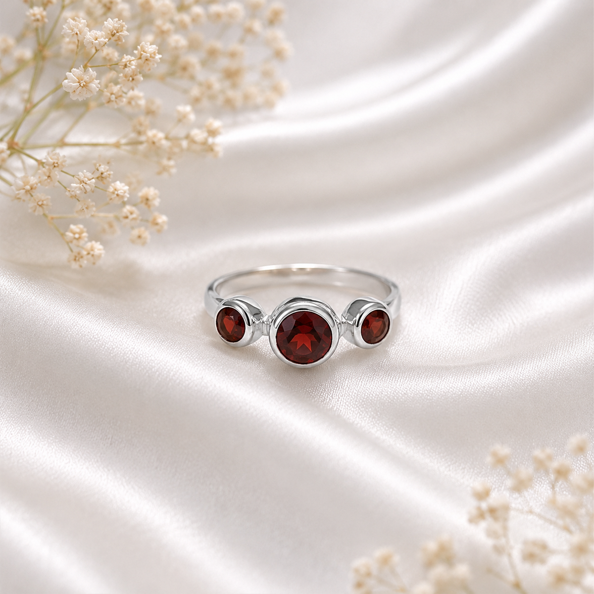 Red Garnet Three Stone Ring in 925 Sterling Silver