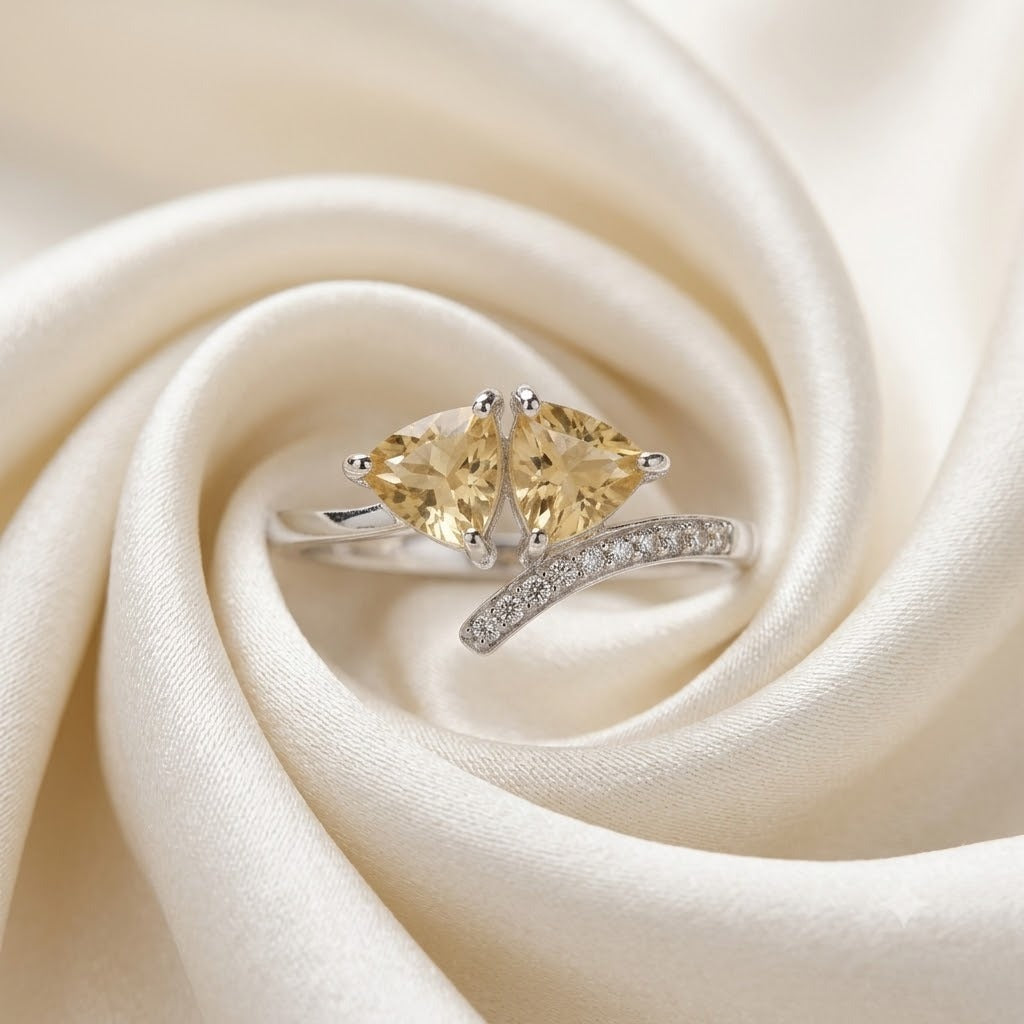 Twin Citrine Ring in Authentic 925 Sterling Silver