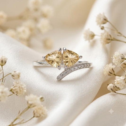 Twin Citrine Ring in Authentic 925 Sterling Silver