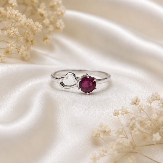 Round-Cut Ruby Ring with Heart Detail in 925 Sterling Silver