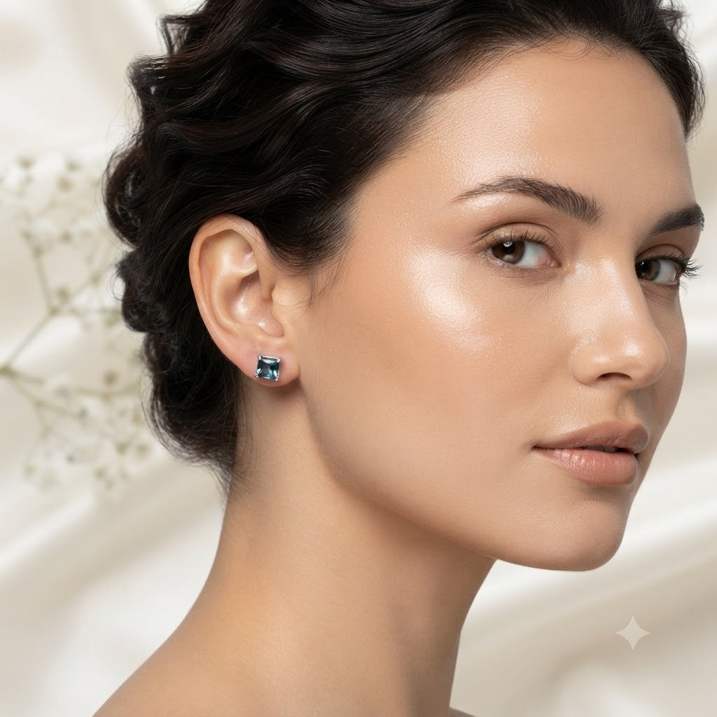 London Blue Topaz square stud earrings in 925 sterling silver
