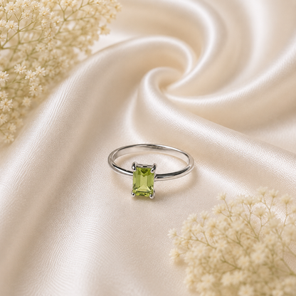 Emerald-Cut Peridot Solitaire Ring in 925 Sterling Silver