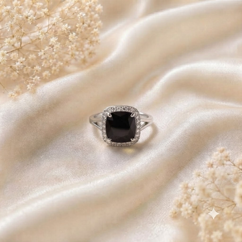 Halo Black Onyx Ring in 925 Sterling Silver with Cushion Black Onyx