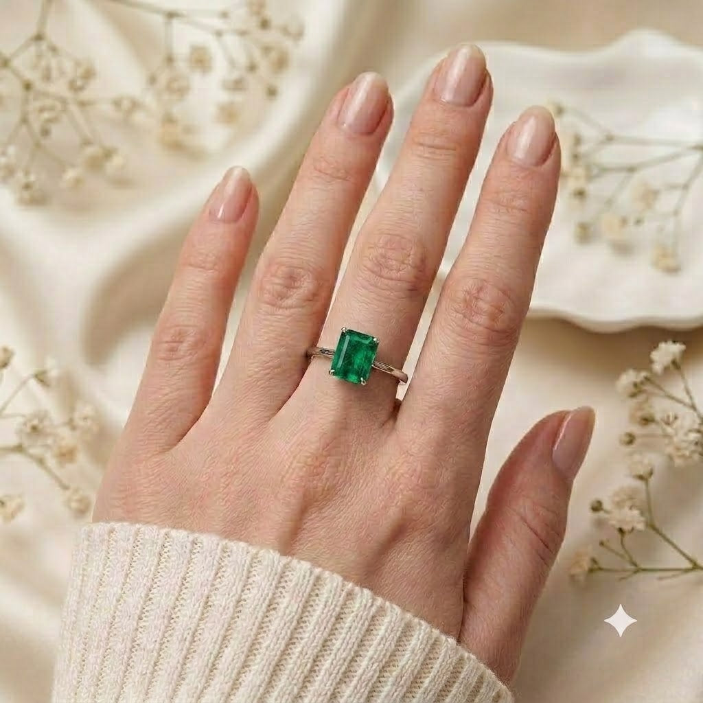 Rectangular Emerald Solitaire Ring crafted in 925 Sterling Silver with a green rectangular Emerald gemstone.