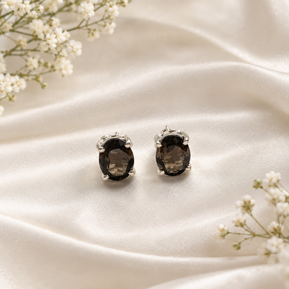 Smoky Quartz stud earrings in 925 sterling silver with oval brown gemstones