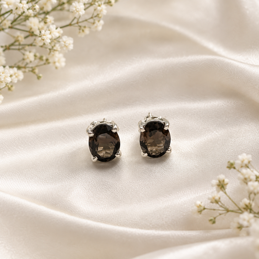 Smoky Quartz stud earrings in 925 sterling silver with oval brown gemstones