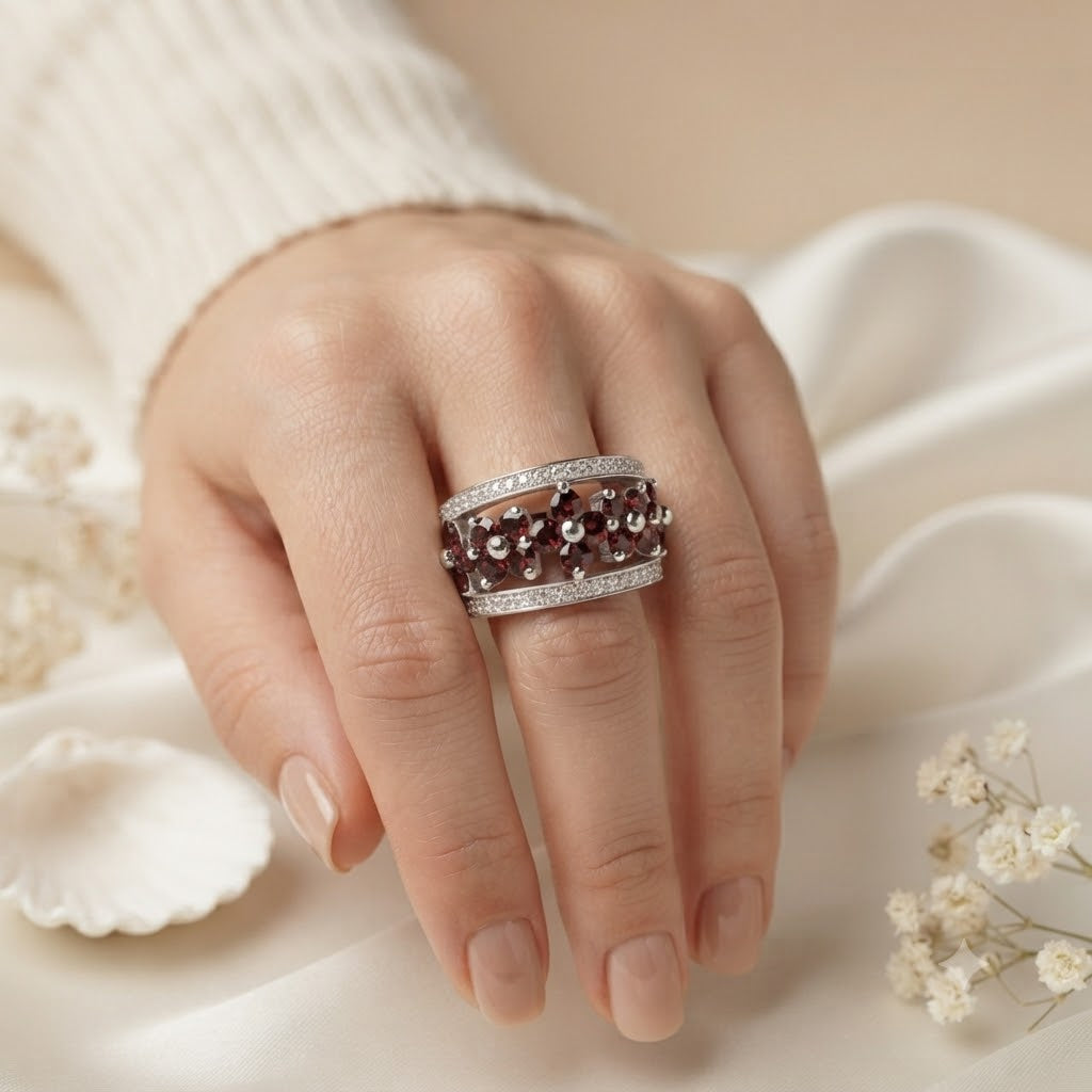 Red Garnet Flower Band Ring in 925 Sterling Silver