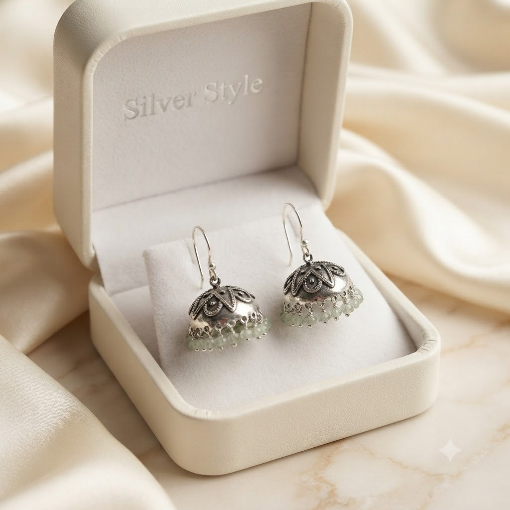 Handcrafted aquamarine and silver jhumka earrings