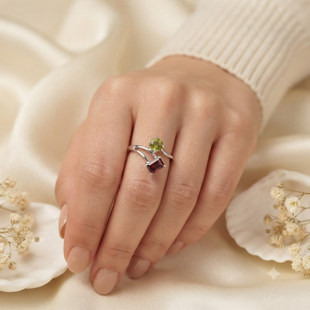 Garnet and Peridot Bypass Ring in 925 Sterling Silver