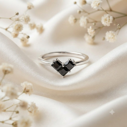 Cluster Black Onyx Ring in 925 Sterling Silver with Square Black Onyx Gemstones