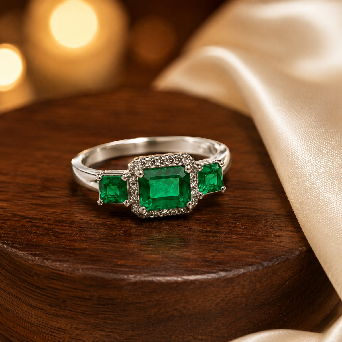 Three Stone Emerald Ring crafted in 925 Sterling Silver with three green Emerald gemstones.