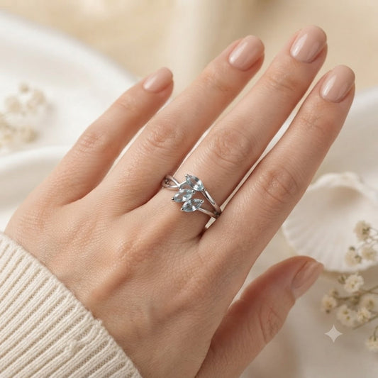 Three Stone Blue Topaz Ring in Authentic 925 Sterling Silver