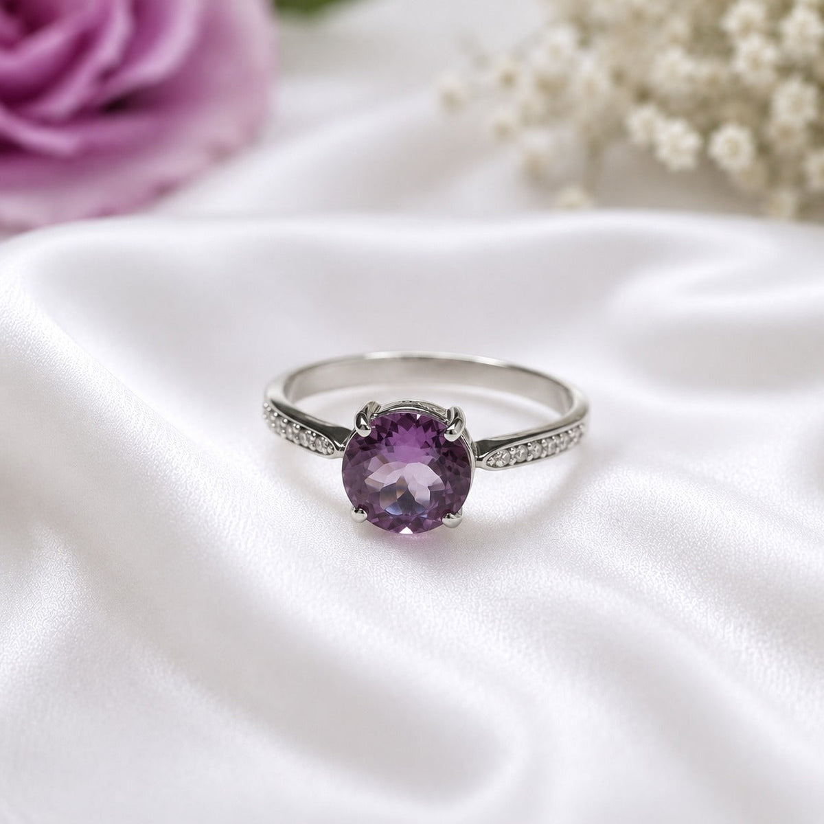 Round Amethyst Solitaire Ring in Authentic 925 Sterling Silver for Women