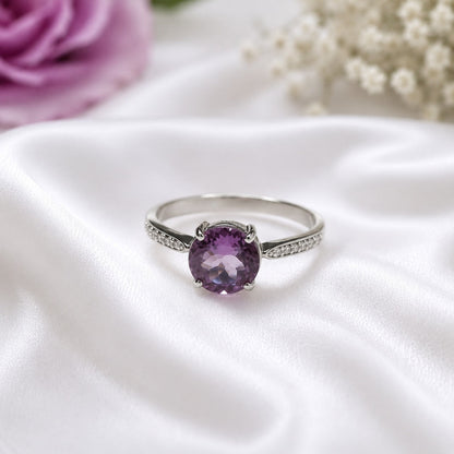 Round Amethyst Solitaire Ring in Authentic 925 Sterling Silver for Women