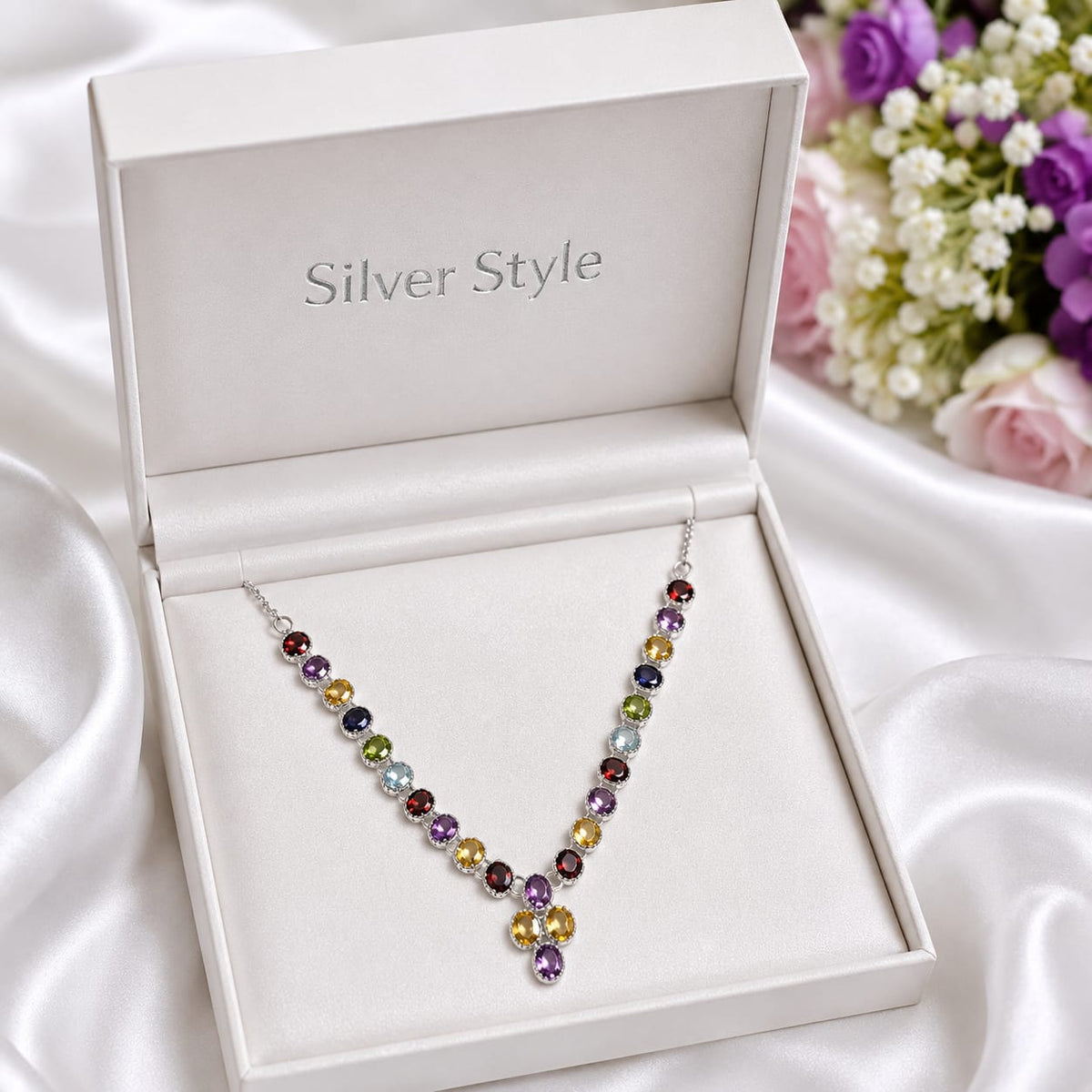 925 Sterling Silver Multi Gemstone Necklace with Colorful Oval Cut Stones and Drop Pendant