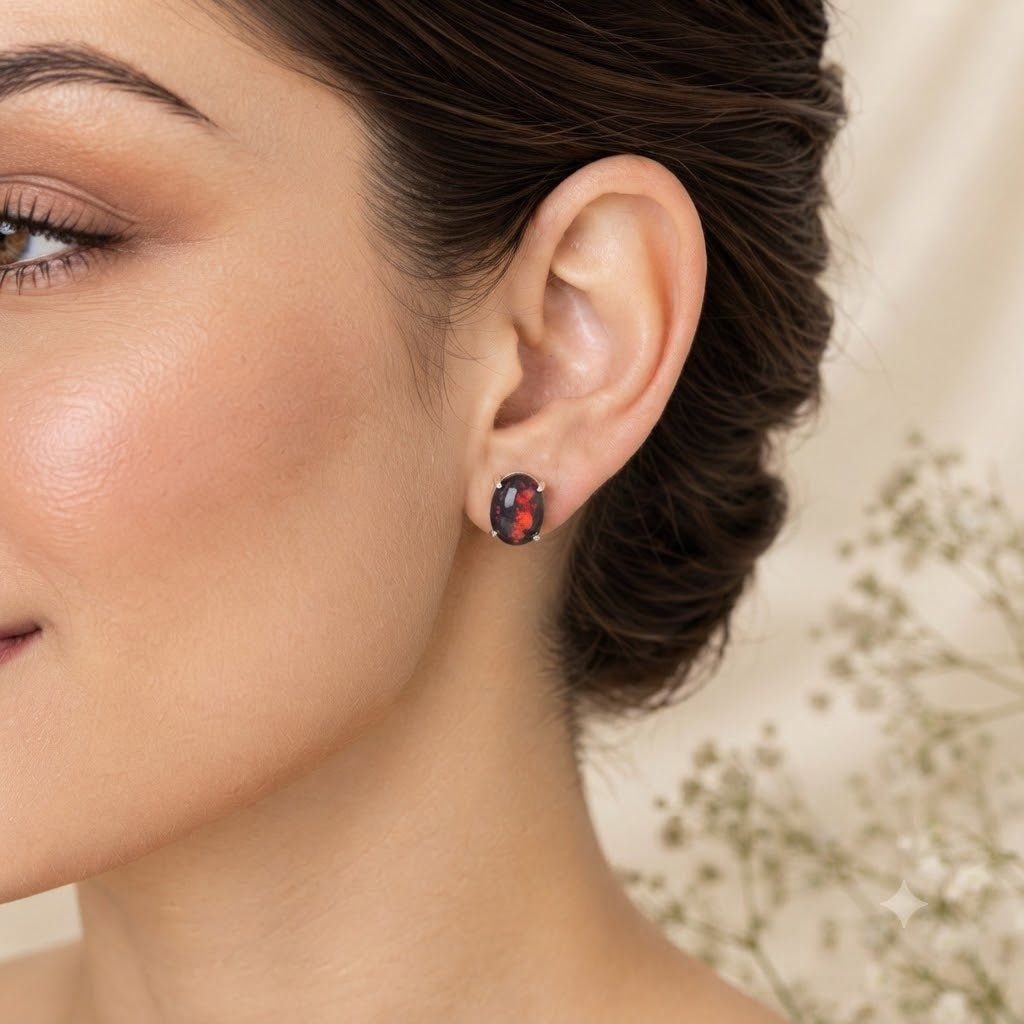 Black Opal stud earrings in 925 sterling silver with green and red play of colour