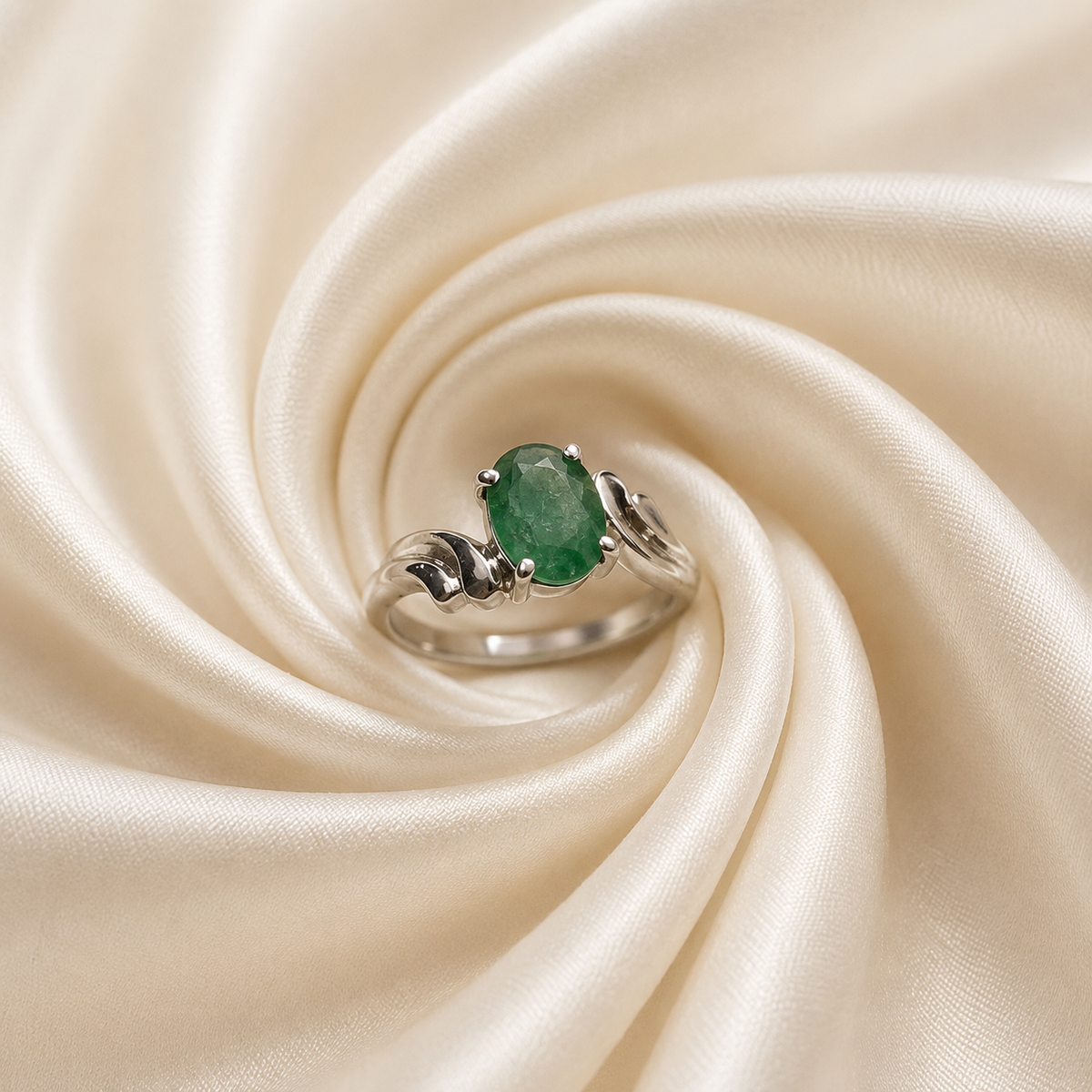Curved Emerald Ring crafted in 925 Sterling Silver with a green oval cut Emerald gemstone.