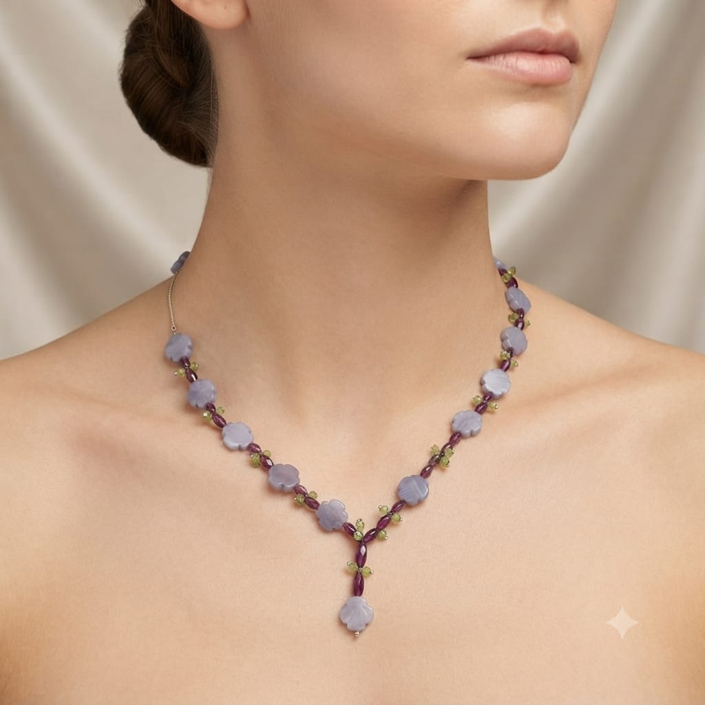 Amethyst and Peridot Flower Y Necklace in 925 Sterling Silver with carved flower beads