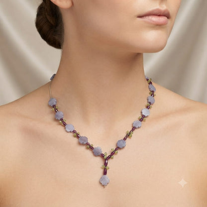Amethyst and Peridot Flower Y Necklace in 925 Sterling Silver with carved flower beads