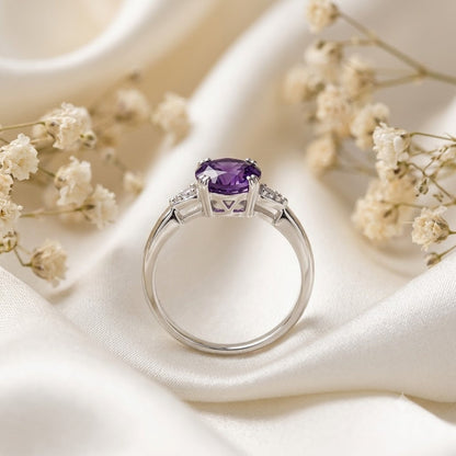 Solitaire Amethyst Ring in 925 Sterling Silver featuring a round purple gemstone