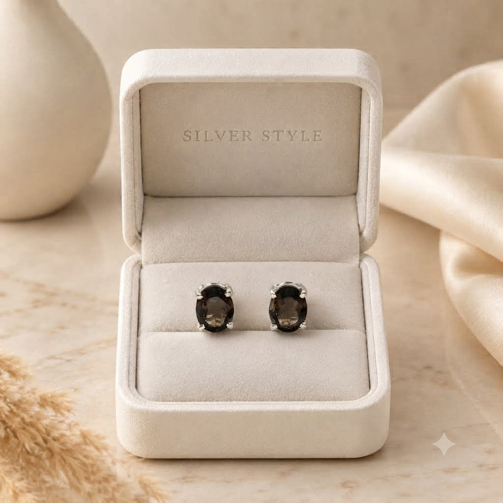 Smoky Quartz stud earrings in 925 sterling silver with oval brown gemstones