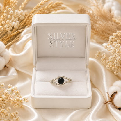 Bypass Black Onyx Ring in 925 Sterling Silver with Round Black Onyx