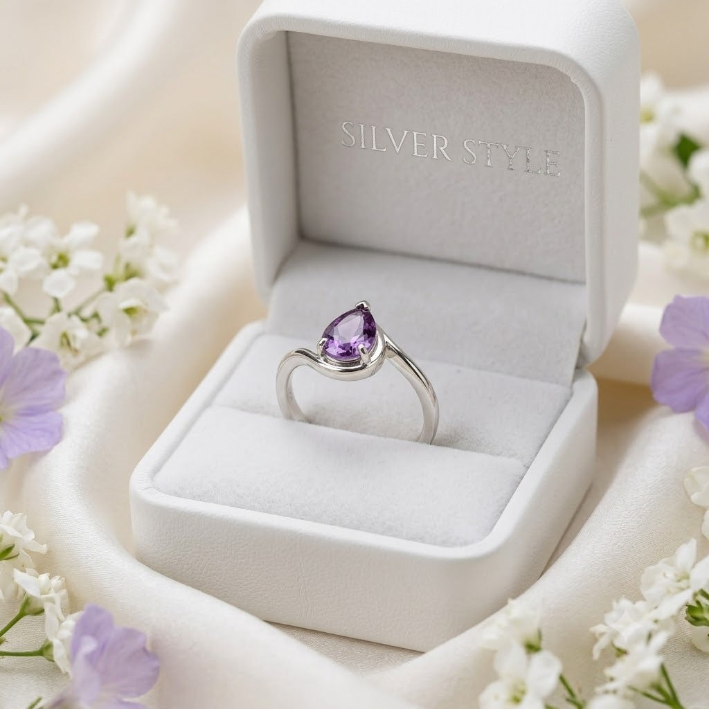 Pear Amethyst Ring in 925 Sterling Silver featuring a pear cut purple gemstone
