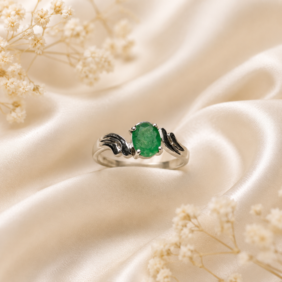 Curved Emerald Ring crafted in 925 Sterling Silver with a green oval cut Emerald gemstone.