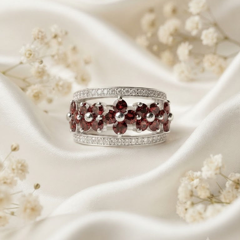 Red Garnet Flower Band Ring in 925 Sterling Silver