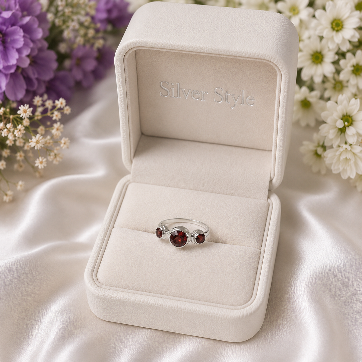 Red Garnet Three Stone Ring in 925 Sterling Silver