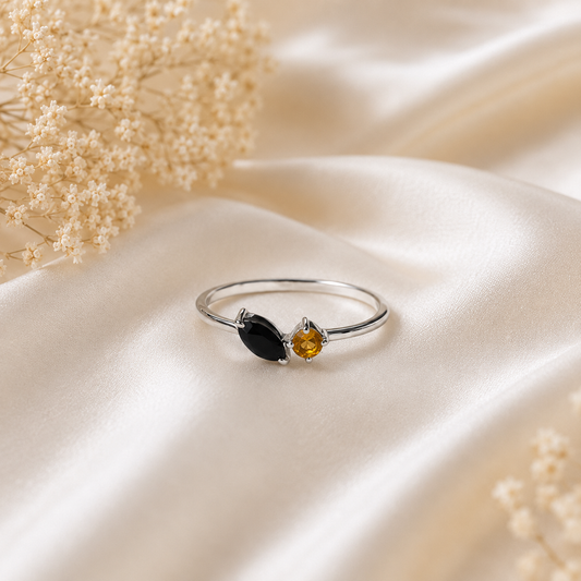 Open Black Onyx Ring in 925 Sterling Silver with Marquise Black Onyx and Round Golden Yellow Gemstone